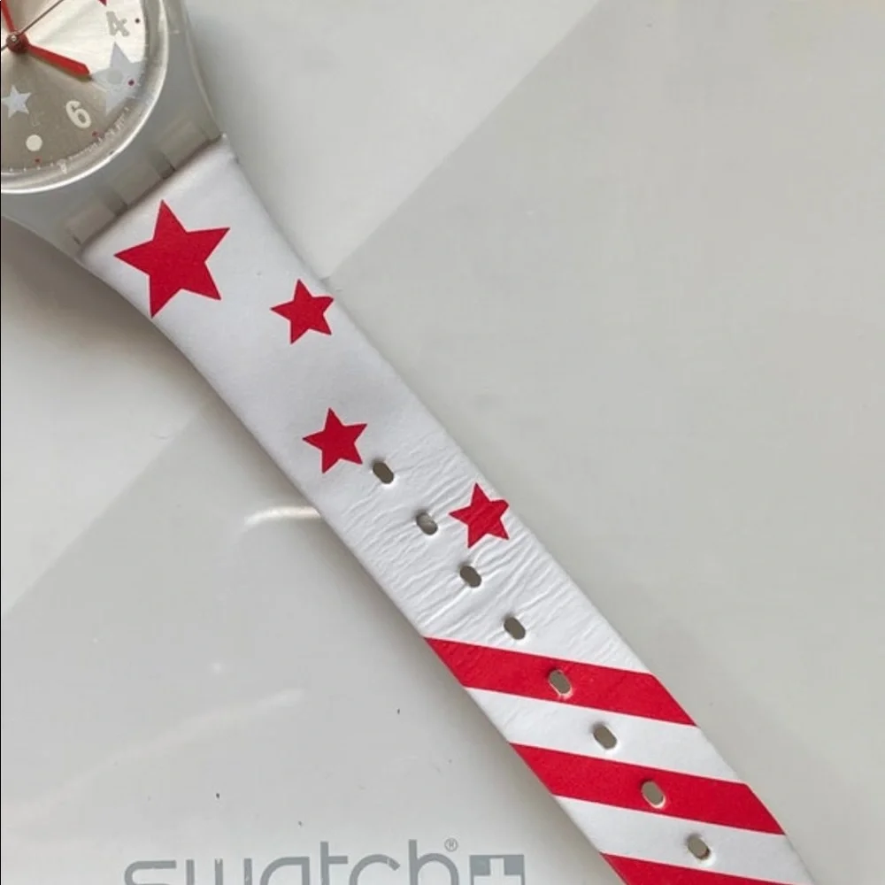 SWATCH WATCH Star Feelings Mini Dice Leather Band Red White Stars Stripes NEW - Picture 3 of 4